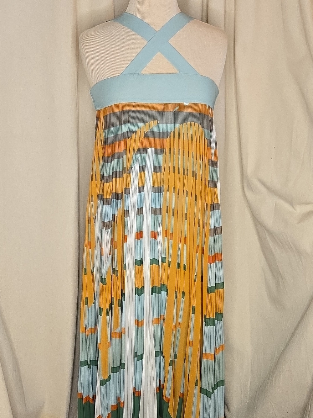 Anthropologie Light Blue Halter Pleated Maxi with Mustard & Green Pattern